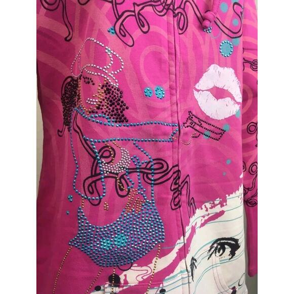 Crystal Rock Christian Audigier Hoodie Organic Cotton Rhinestone Fuscia L A115 - Picture 6 of 8